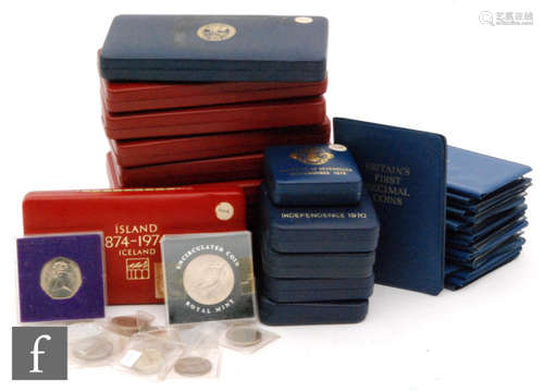 Elizabeth II - 1972 and 1973 Trinidad and Tobago eight proof coin sets, also Seychelles a 1977 twenty five dollar Cook Island proof coin, various Fiji nickel cased coins, Iceland and spare coin cases (qty)