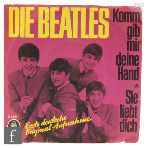 Beatles, a 7'' single 'Komm, gib mir deine hand' (I Want To Hold Your Hand) and 'Sie Liebt Dich' (She Loves You), sung in German, 1964, Odeon Records, 45 - O 29502, O22 671.