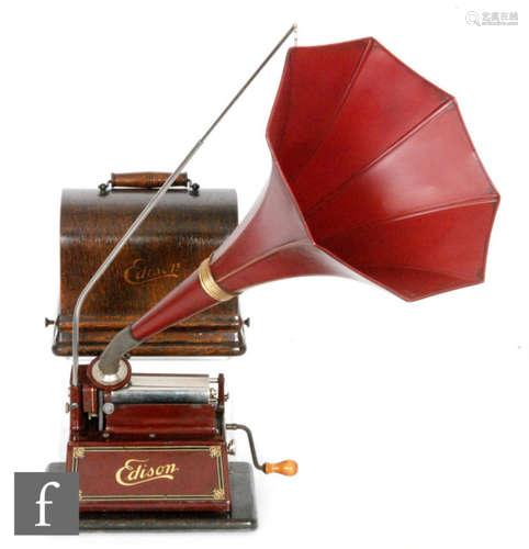 An Edison red Gem phonograph, serial no 318407D , 4 to 2 minute play, combination model K reproducer with re-sprayed horn and crane, oak case on plinth base, width 25cm