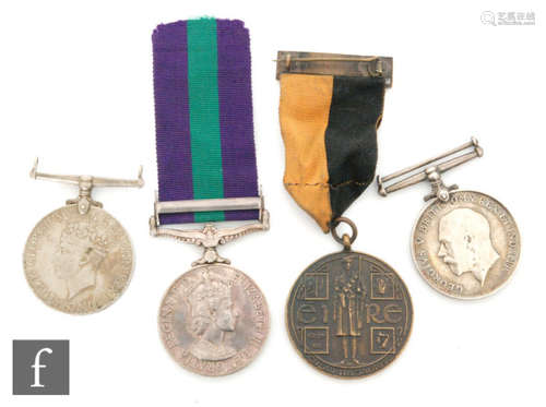 A 1917-1921 Irish War of Independence 'Black and Tan' General Service Medal, together with a World War One War medal awarded to 17763 HY.W. Hudson A.B. R.N, a World War Two War medal and a Queen Elizabeth II General Service Medal with Malaya bar awarded to 23132758 Gnr A.S Hudson R.A. (4)