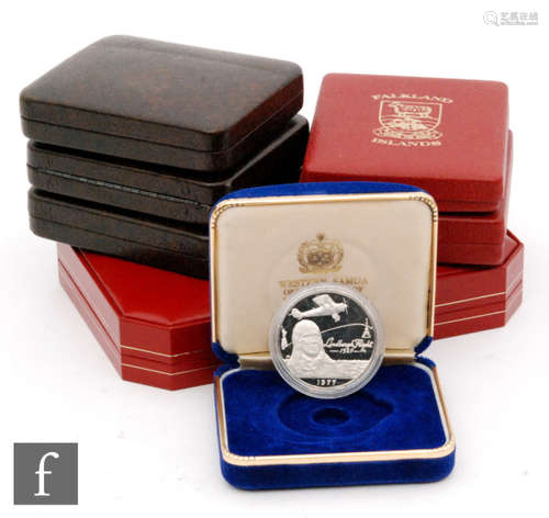 Elizabeth II -Three 1973 Commonwealth Bahamas ten dollar silver proof coins, also two Falkland island twenty five pound Self Sufficiency coins, a Western Samoa silver proof coin and a Bicentenary crown (7)