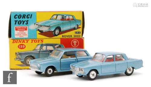 Two diecast models, a Dinky Toys #139 Ford Consul Cortina in steel blue with cream interior and spun hubs in red and yellow picture box, and a Corgi Toys #252 Rover 2000 in steel blue with red interior and spun hubs in blue and yellow picture box. (2)