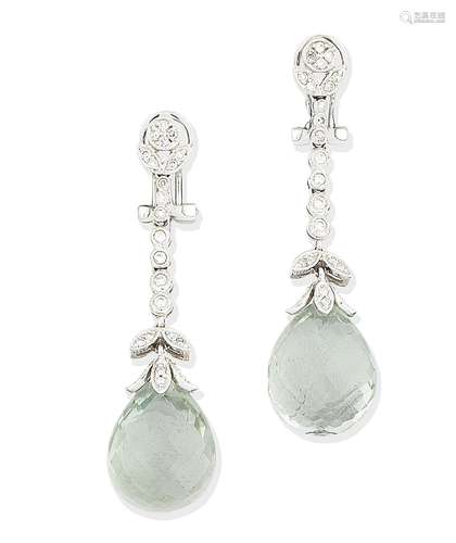 A pair of treated green quartz and diamond pendent earrings