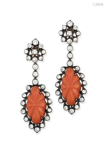 A pair of coral and diamond pendent earrings