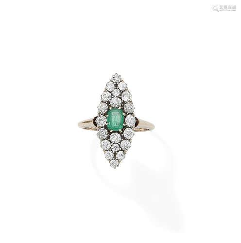 An emerald and diamond plaque ring