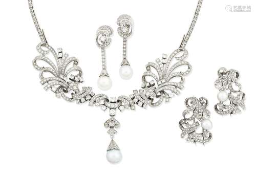 (4) A cultured pearl and diamond necklace, earrings and brooches suite, circa 1950