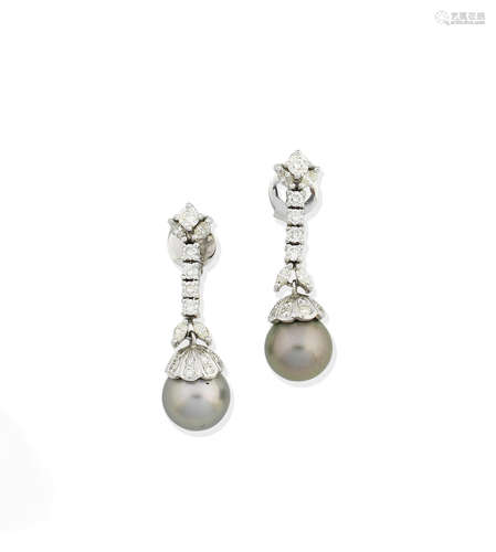 A pair of cultured pearl and diamond pendent earrings