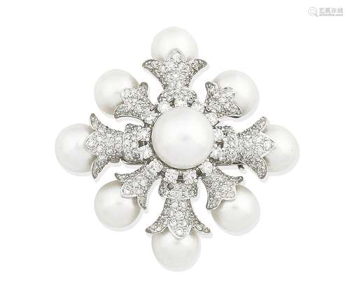 A cultured pearl and diamond brooch/pendant