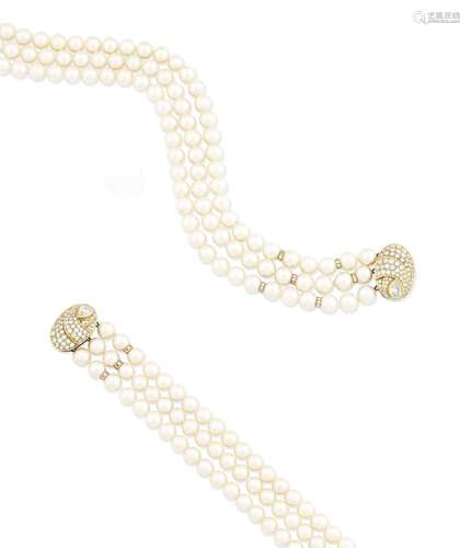 (2) A cultured pearl and diamond necklace and bracelet suite, retailed by David Morris