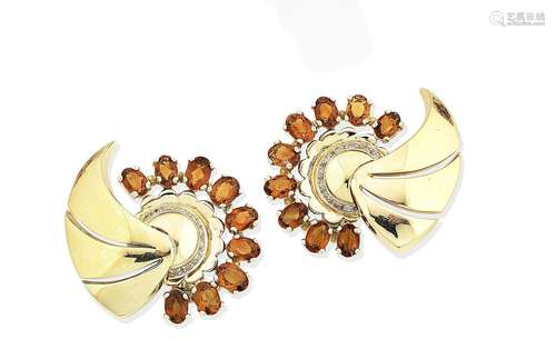 A pair of citrine and diamond earclips, circa 1935