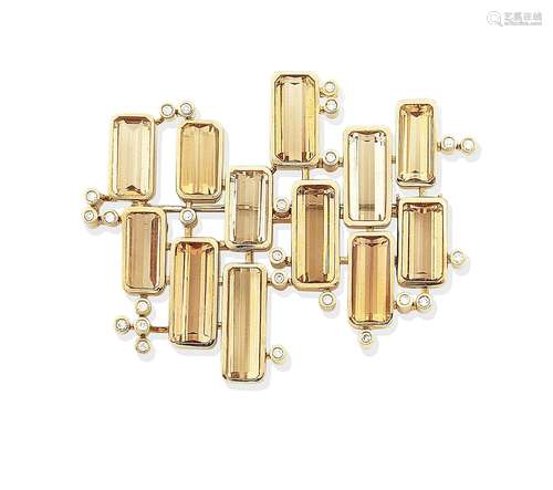 A citrine and diamond brooch, circa 1970