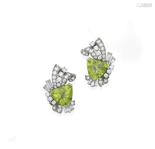 A pair of peridot and diamond earclips, by Raymond Yard, circa 1950