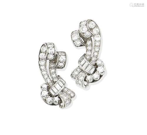 A pair of diamond scroll earrings, circa 1950