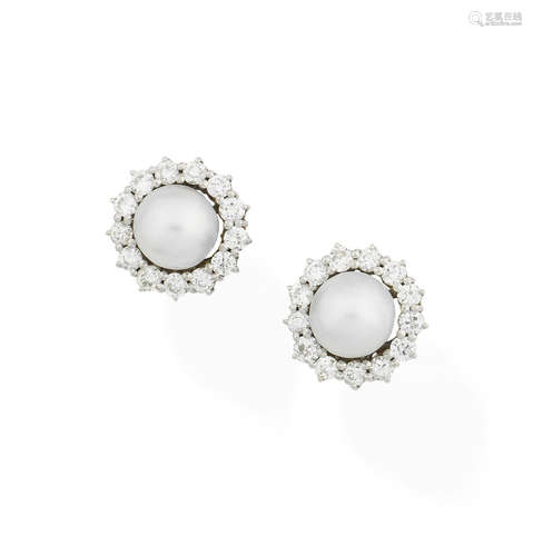 A pair of cultured pearl and diamond cluster earrings