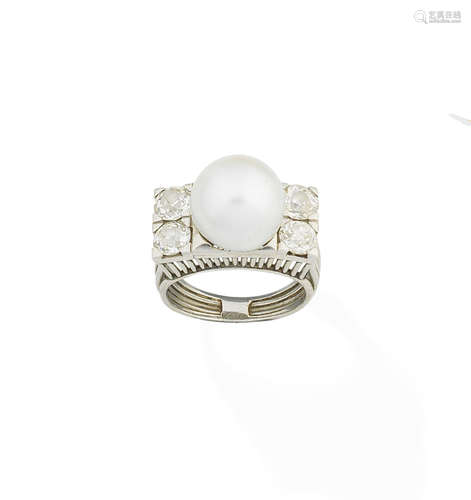 A cultured pearl and diamond ring