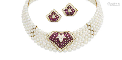 (2) A ruby, diamond and cultured pearl choker and earclip suite, retailed by David Morris