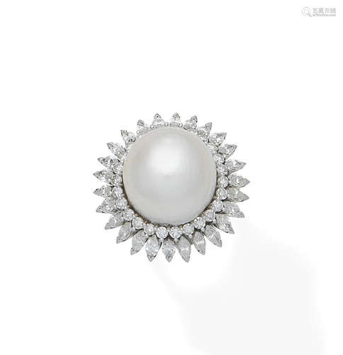 A cultured pearl and diamond cluster ring