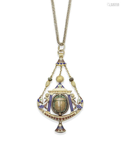 A gold, hardstone and enamel pendant, circa 1900