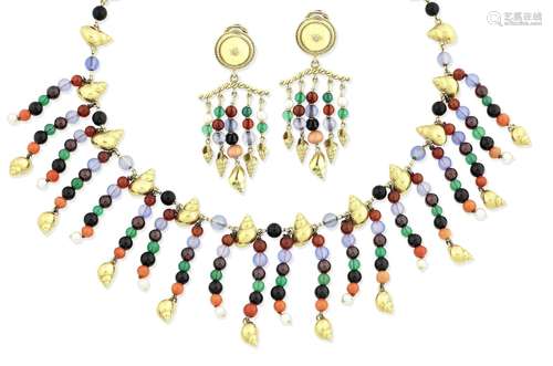 (2) A gem-set bead necklace and pendent earring suite, 1977