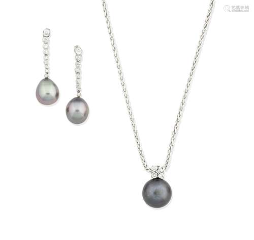 (2) A cultured pearl and diamond pendant necklace, and a pair of cultured pearl and diamond pendent earrings