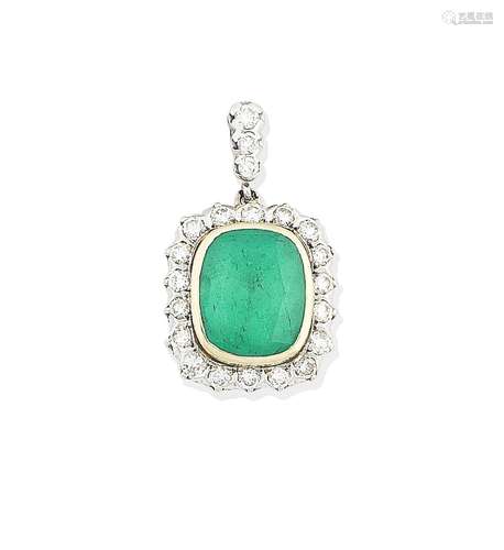 An emerald and diamond cluster pendant