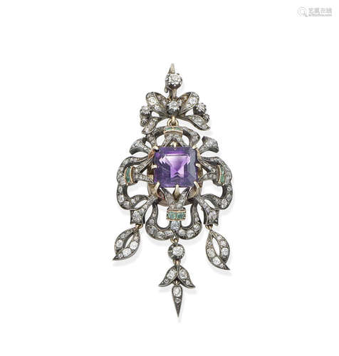 An amethyst, emerald and diamond pendant