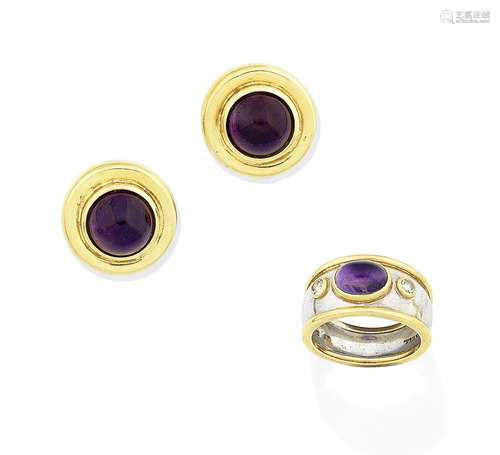 (2) An amethyst and diamond ring and a pair of amethyst earrings, by Theo Fennell