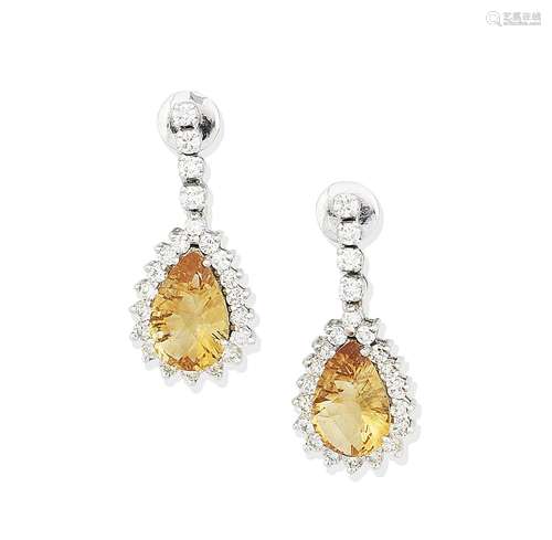 A pair of citrine and diamond pendent earrings