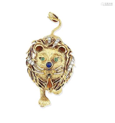 An enamel and gem-set lion brooch, by Kutchinsky, 1968