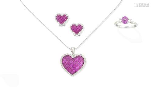 (3) A pink sapphire and diamond three-stone ring and a pink sapphire and diamond pendant necklace and earring suite