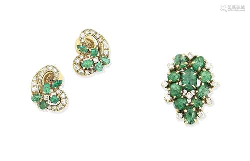 (2) An emerald and diamond brooch and pair of earrings