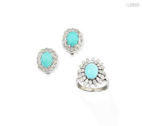 (2) A turquoise and diamond ring and a pair of turquoise and diamond earclips