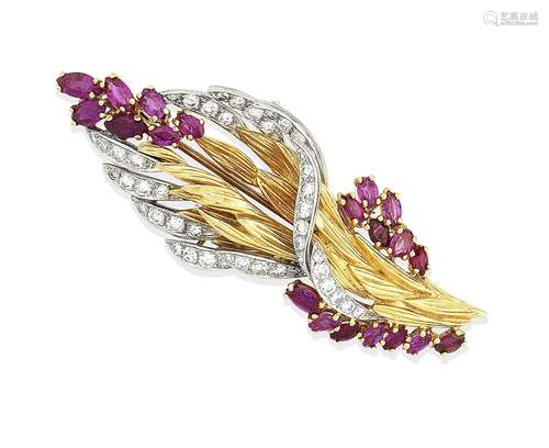 A ruby and diamond spray brooch, circa 1960