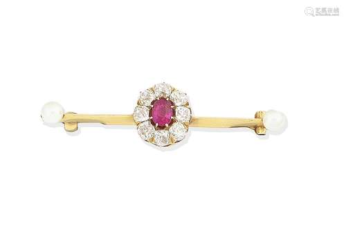 A natural pearl, ruby and diamond bar brooch, circa 1900