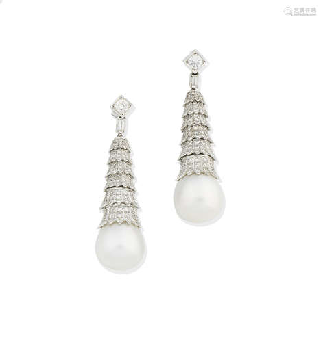 A pair of cultured pearl and diamond pendent earrings