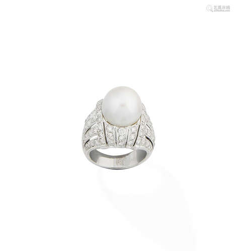 A cultured pearl and diamond dress ring