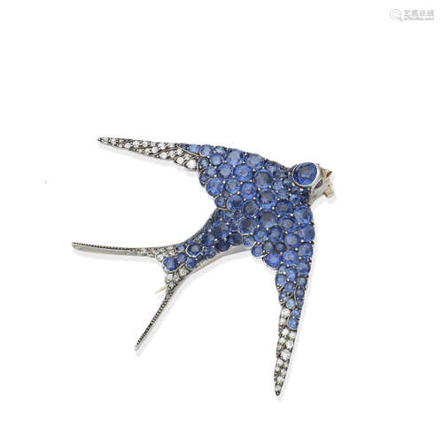 A sapphire, diamond and ruby swallow brooch/pendant, circa 1890