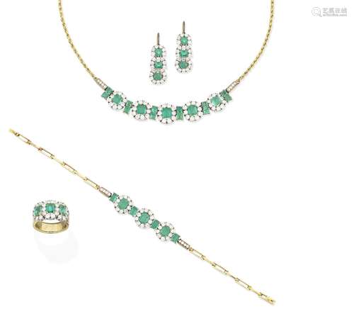 (4) An emerald and diamond cluster necklace, bracelet, ring and earring suite