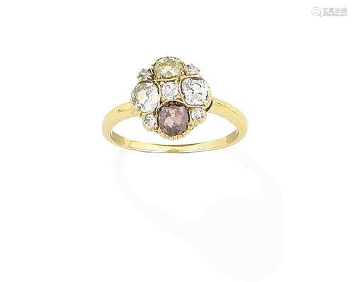 A diamond and coloured diamond cluster ring