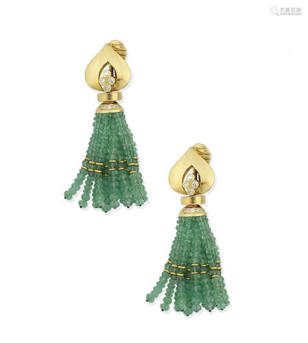 A pair of emerald and diamond tassel earrings