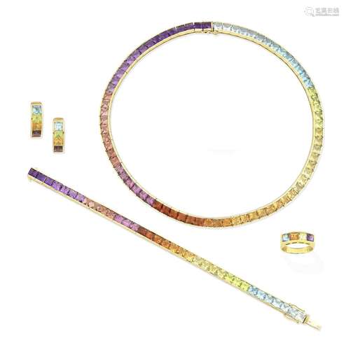 (4) A multi gem-set necklace, bracelet, ring and earring suite