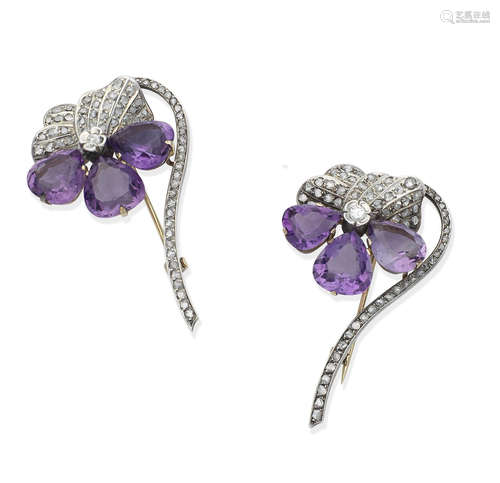 (2) A pair of amethyst and diamond pansy brooches, circa 1890