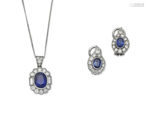 (2) A pair of sapphire and diamond earclips and a sapphire and diamond pendant necklace