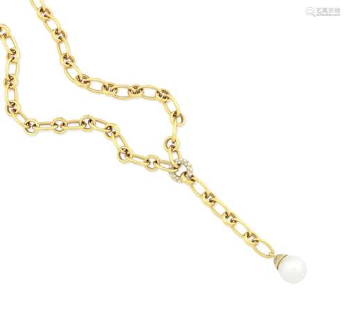 (2) A cultured pearl and diamond fancy-link pendant necklace