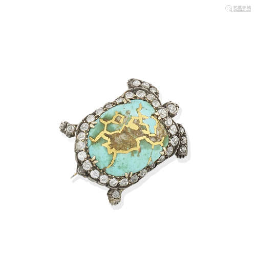 A late 19th century turquoise and diamond turtle brooch