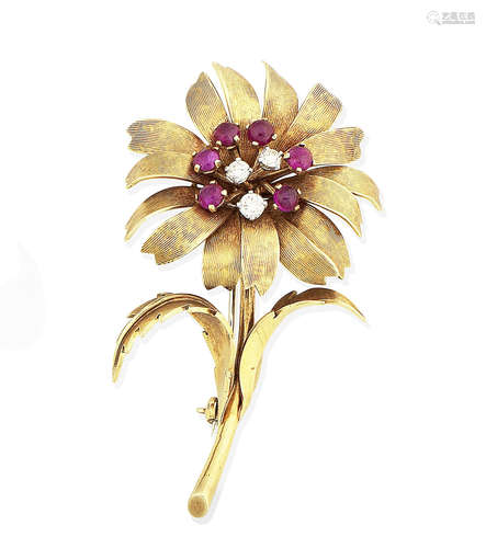 A ruby and diamond flower brooch, by Haller Jewellery Company, 1962