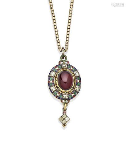 A garnet, chrysoberyl and enamel Holbeinesque pendant necklace, circa 1870