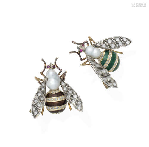 (2) A pair of enamel, cultured pearl, ruby and diamond imperial bee brooches