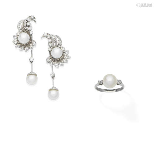 (2) A pair of cultured pearl and diamond pendent earrings and a cultured pearl and diamond ring