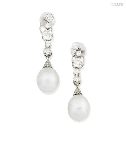 A pair of cultured pearl and diamond pendent earrings